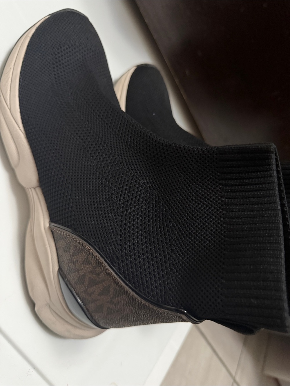 Michael Kors Black Knit Sock Sneaker with Brown Logo Heel